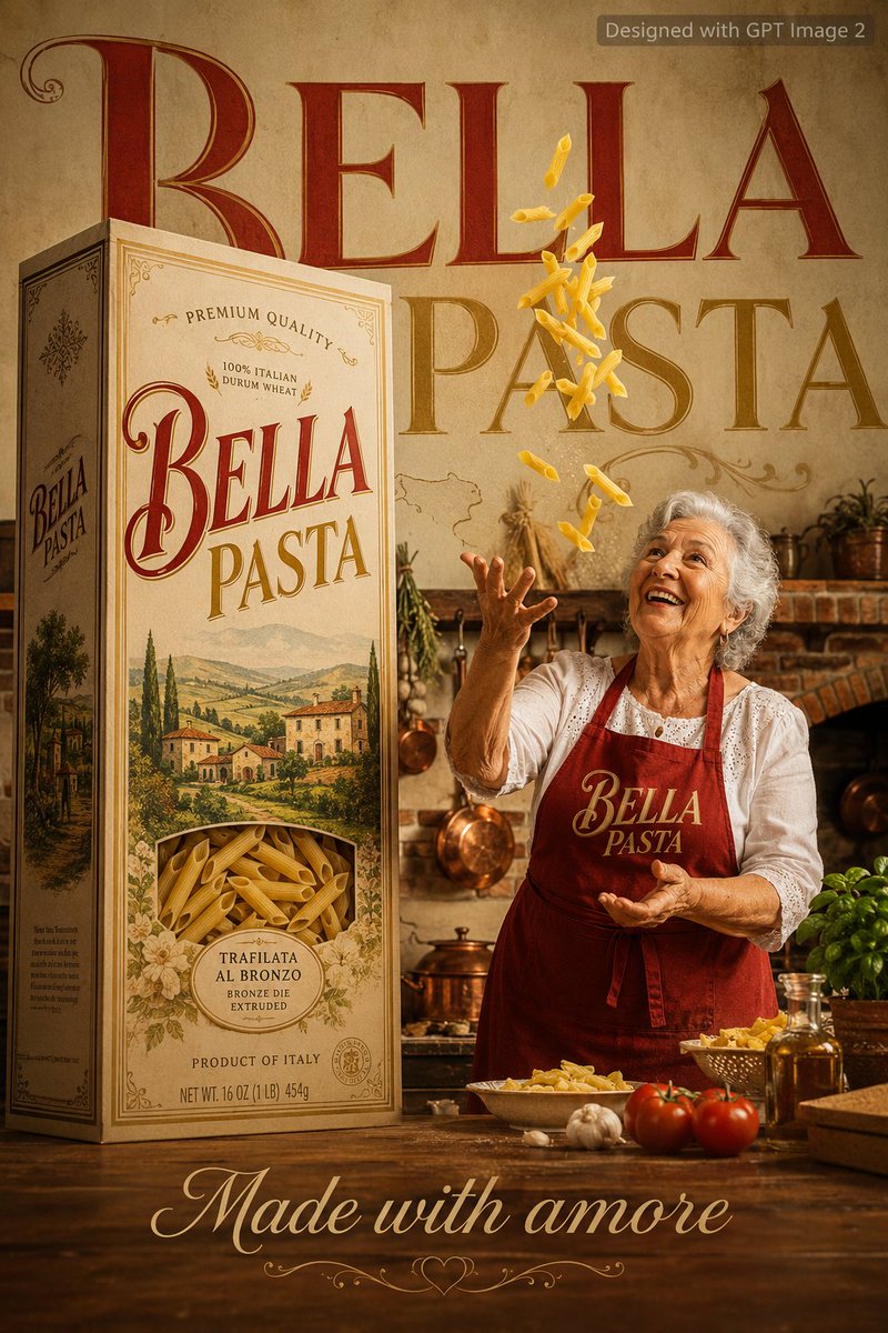 A warm rustic poster where a smiling grandmother tosses fresh pasta beside an oversized pasta box with countryside illustrations. Red and gold lettering and a…