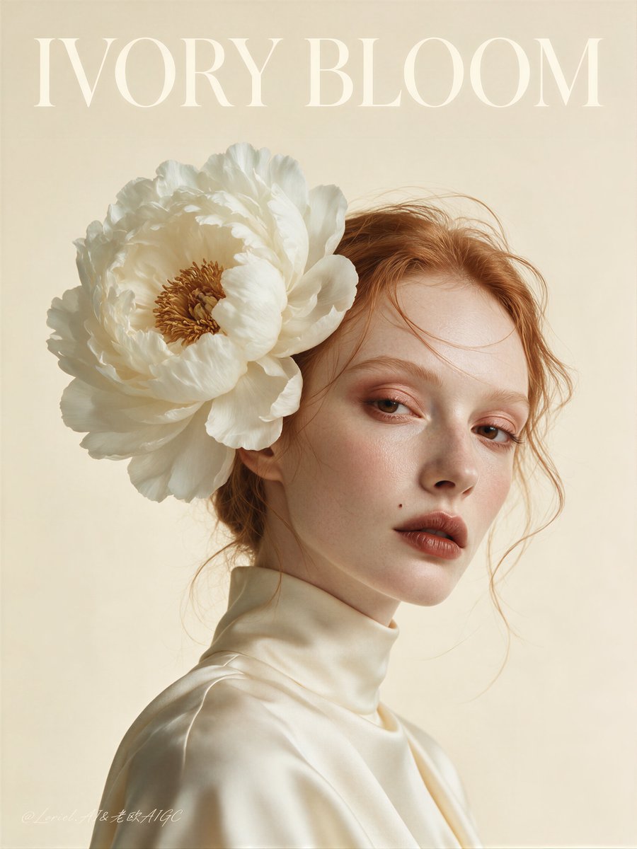 A tall fashion poster with a realistic model in an ivory high-neck dress, her face framed by one oversized white peony against warm butter-cream. The soft…
