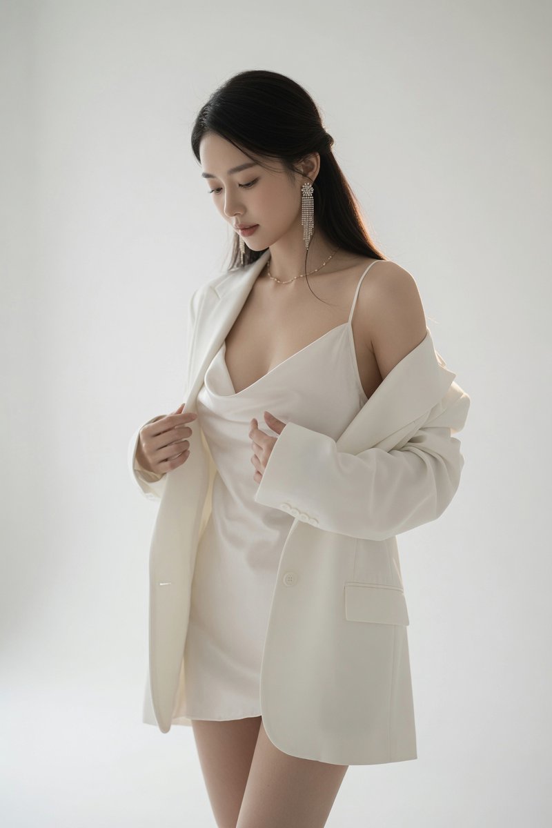 A half-body studio portrait in pure white and ivory tones, with satin layers, a draped blazer slipping off one shoulder, and fine jewelry. The restraint of the…