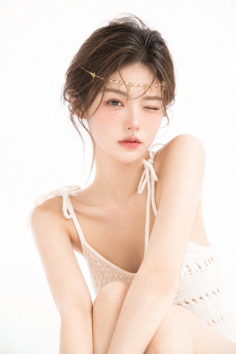 A soft, airy portrait with a narrow oval face, a pale champagne palette and a pink nose tip set against a shadowless white backdrop. Slightly blown highlights…