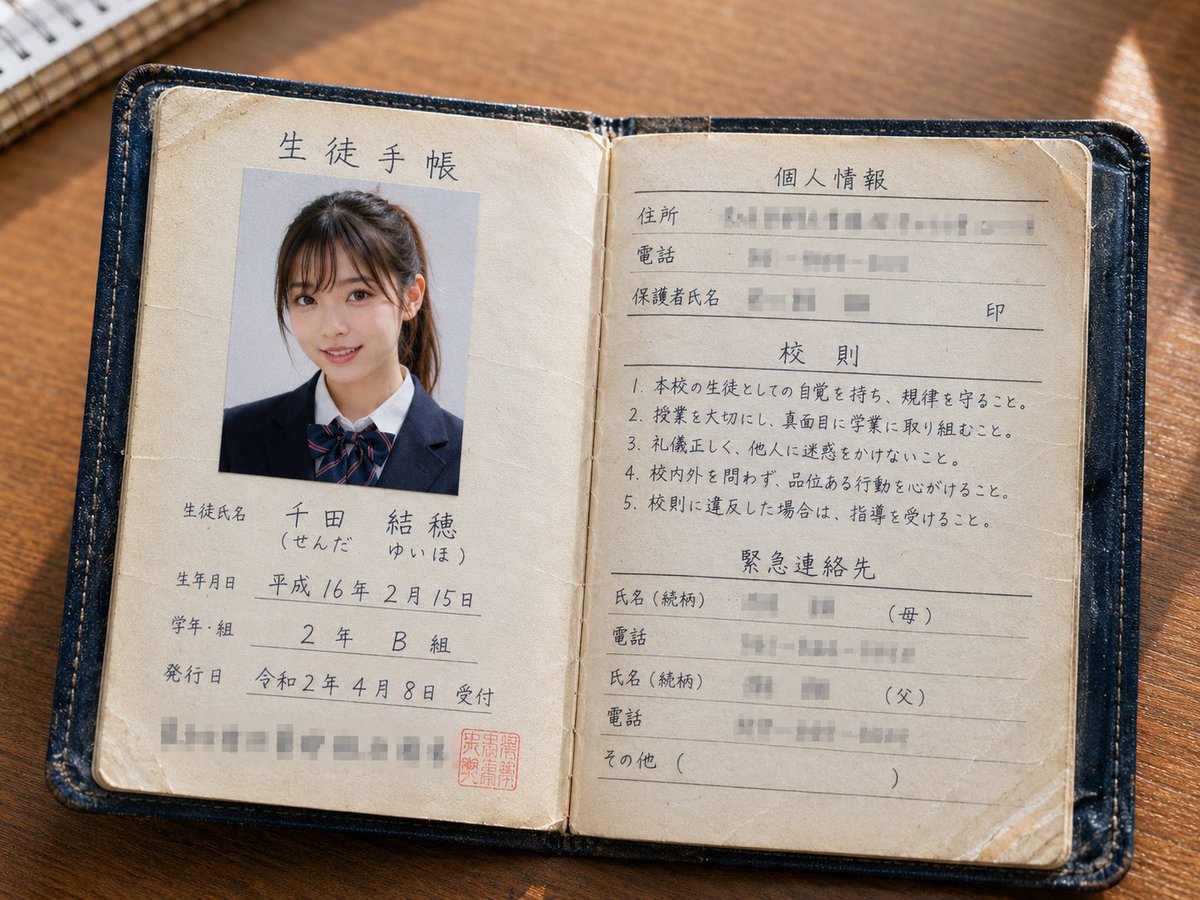 A worn school ID booklet lies open on a wood-grain desk, with a sun-warmed portrait and handwritten fields that look filled in by hand. The fine paper wear…
