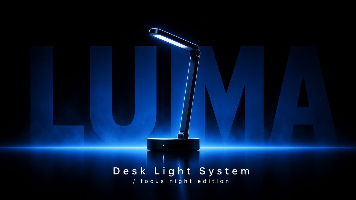 A dark, cinematic launch visual built from a fill-in template, with a black stage, a glowing blue horizon, and a centered product shape lit from behind.…