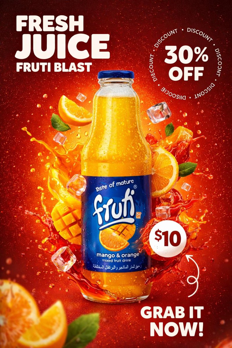 Juice Bottle Ad Poster with Splash and Ice — AI result, variation 3 of 4
