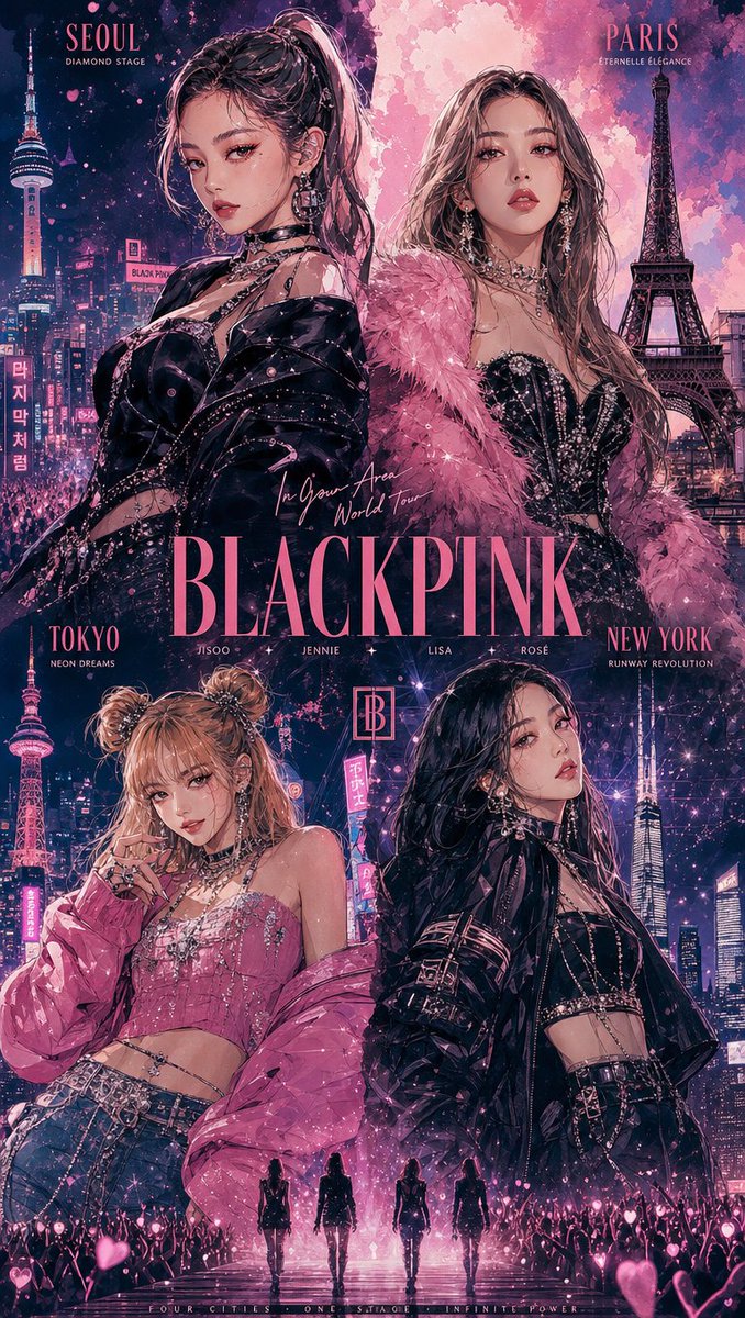 Four stylized idols pose across a surreal montage of Seoul, Paris, Tokyo and New York, mixing watercolor washes and ink line with glowing pink and electric…