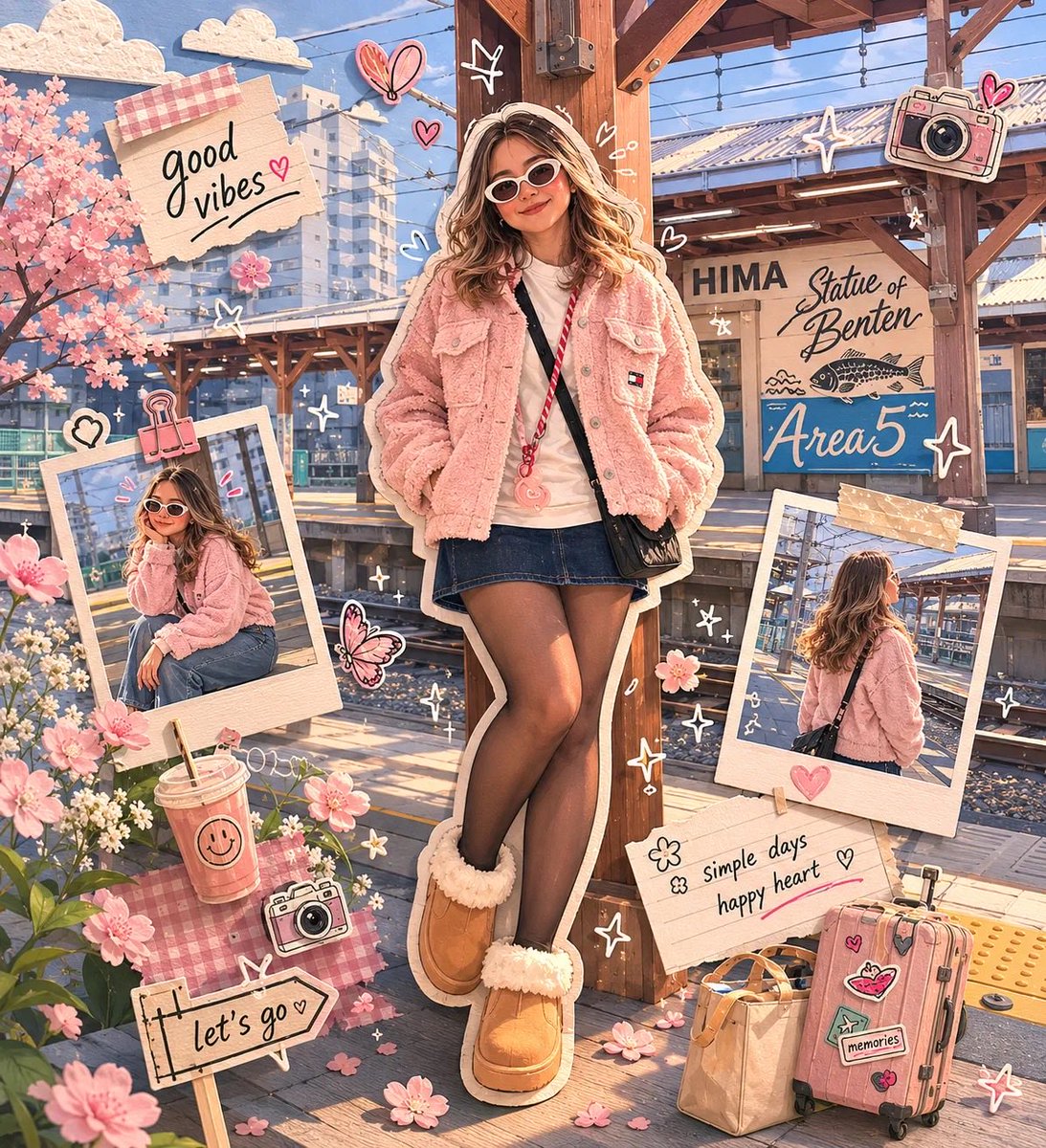 A stylish girl in a fluffy pastel pink jacket stands on a golden-hour train platform, surrounded by cherry blossoms, polaroids, sticky notes and sparkles. The…