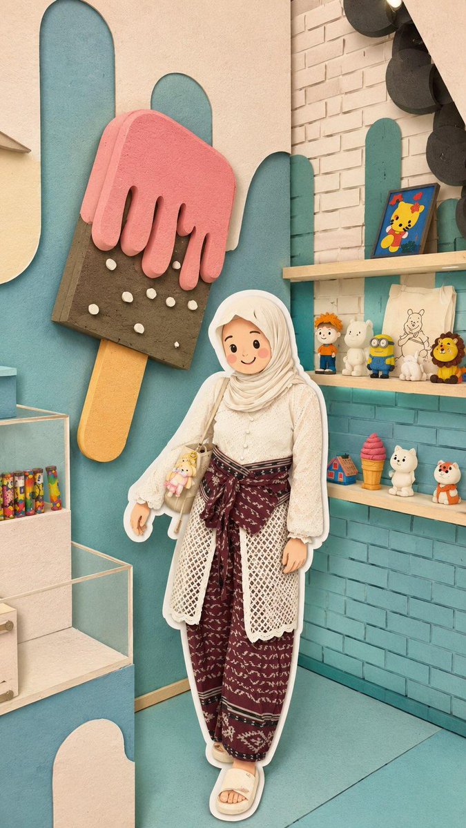 A soft pastel cafe scene with rounded chibi figures, oversized ice cream props and paper-cutout textures blended with realistic photography. The result feels…