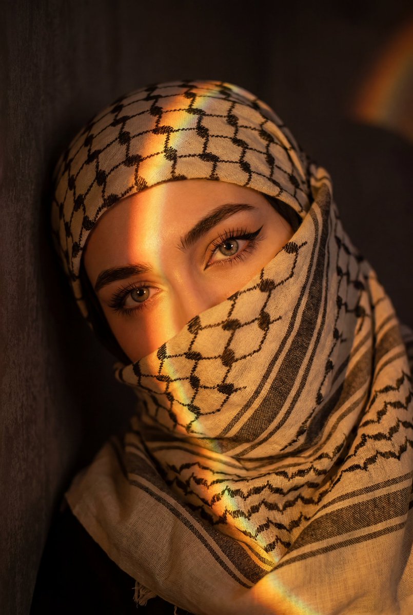 A close, moody selfie of a figure in a checkered keffiyeh-style turban, with large sparkling eyes and sharp winged liner standing out against a dark backdrop.…