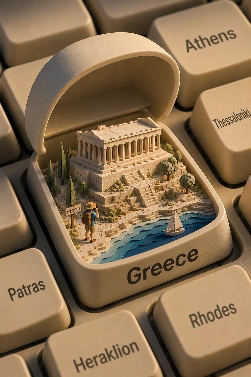 A macro shot of a mechanical keyboard with one key lifted open like a jewelry box, revealing a tiny sandstone-toned diorama of a famous landmark, palms, a…