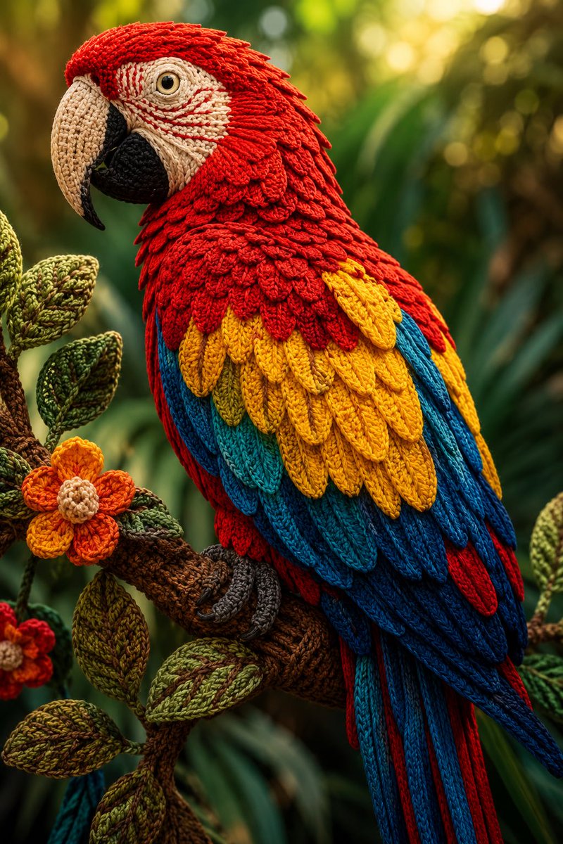 A scarlet macaw sits on a branch built from red, blue and yellow wool, with every feather suggested by visible loops and embroidered stitching. The soft…