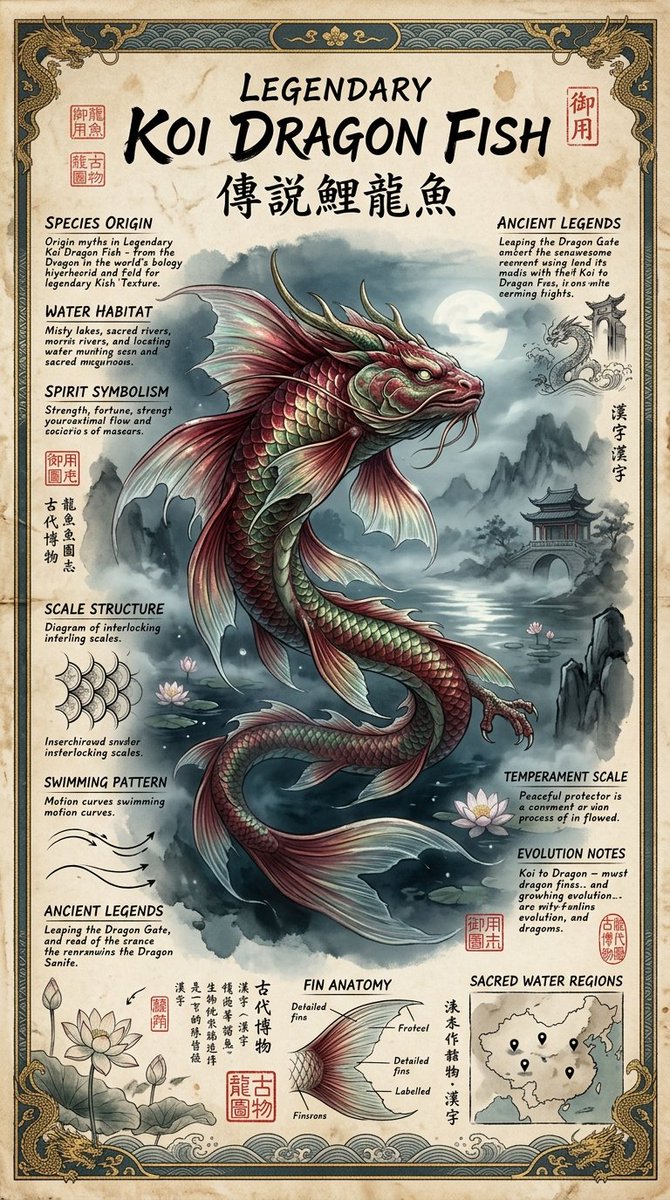 Koi Dragon Fish Encyclopedia Poster in Ink — AI result, variation 2 of 2
