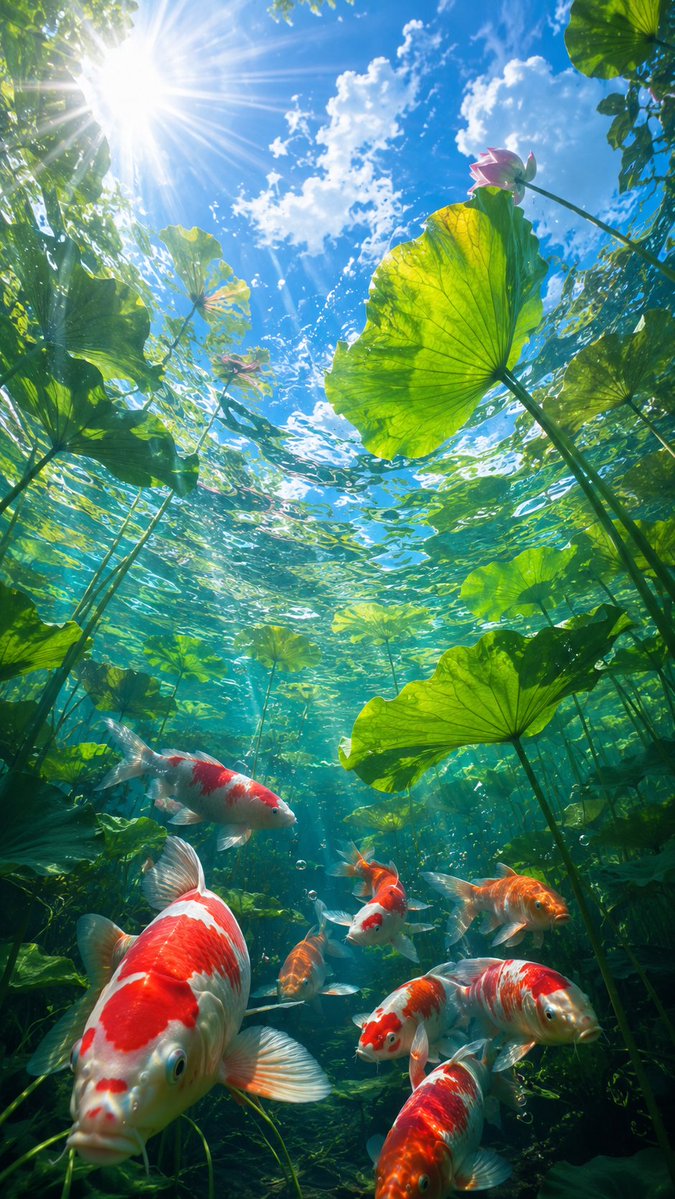 Looking up from the floor of a clear pond, orange and red-and-white koi glide between dark green lotus leaves while sunlight ripples through the water. The…