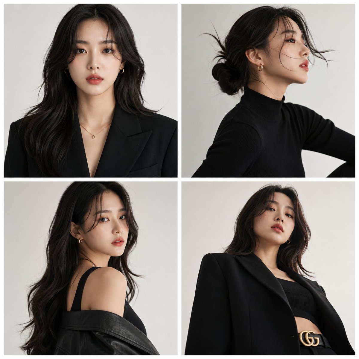 A 2x2 grid of four vertical fashion portraits of one model across front, profile, over-the-shoulder and low-angle poses. Soft studio light and a pale backdrop…