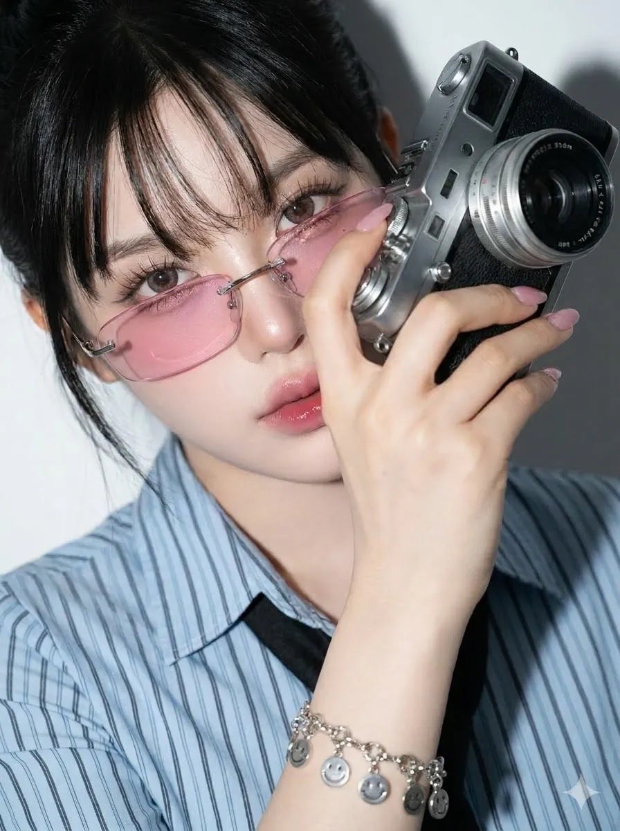 Korean-Japanese Editorial Portrait With Pink Glasses — AI result, variation 2 of 4