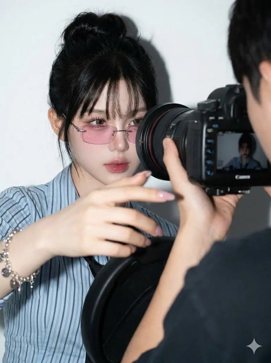 Korean-Japanese Editorial Portrait With Pink Glasses — AI result, variation 4 of 4