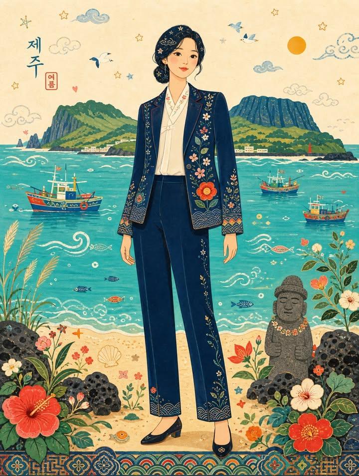 Korean Seaside Folk-Art Poster Illustration — AI result, variation 2 of 2