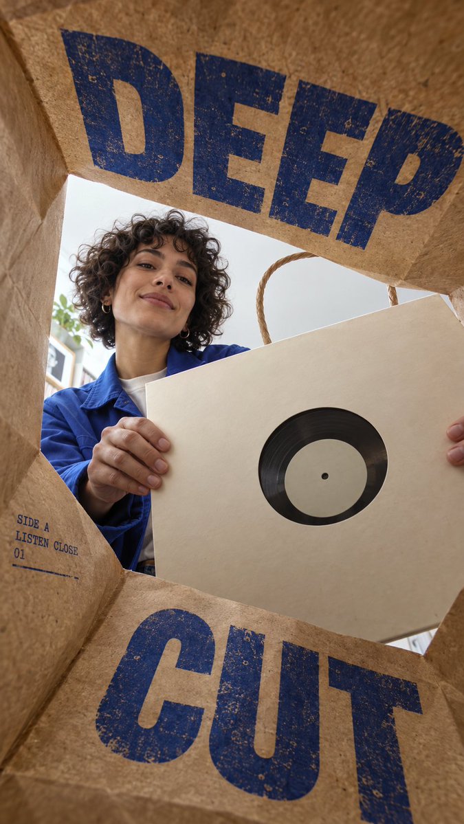 The camera sits inside a folded kraft paper box and looks out through a bright opening that frames a person and an object. Headline lettering is printed right…