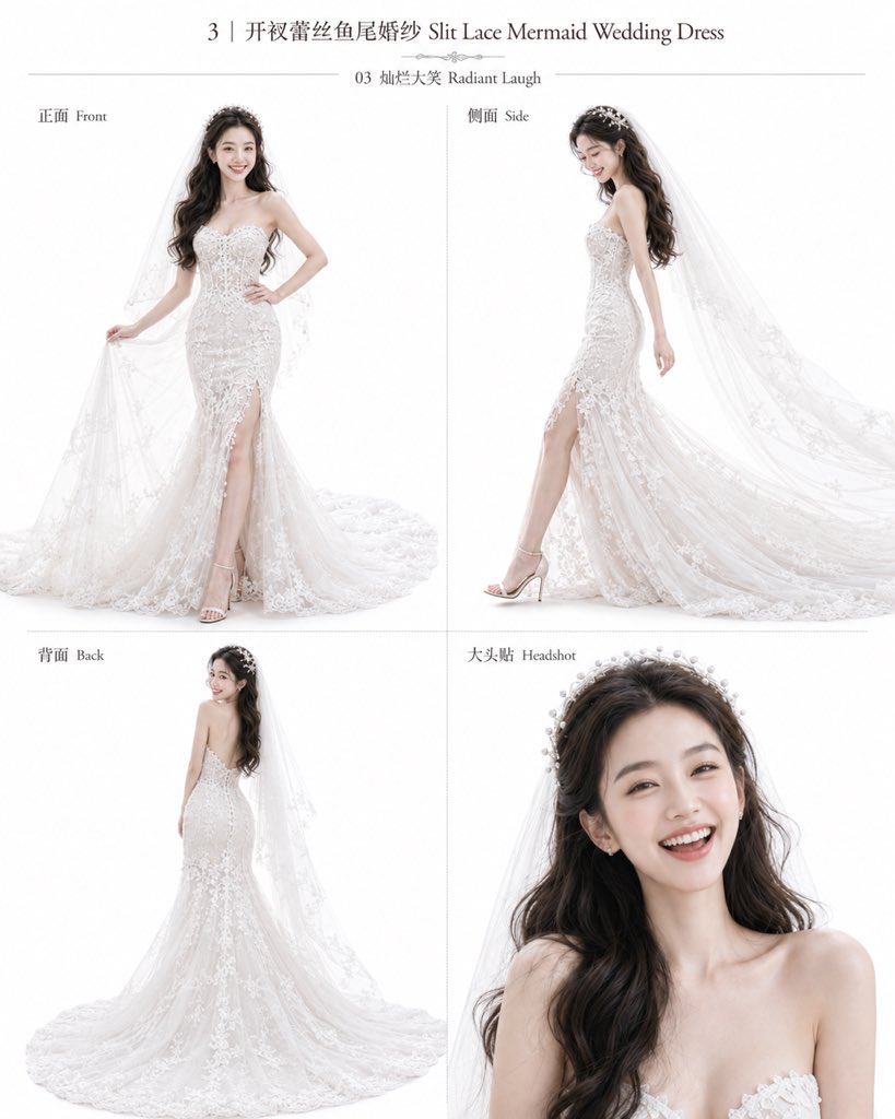 Lace Mermaid Wedding Dress Lookbook Four Panels — AI result, variation 3 of 4