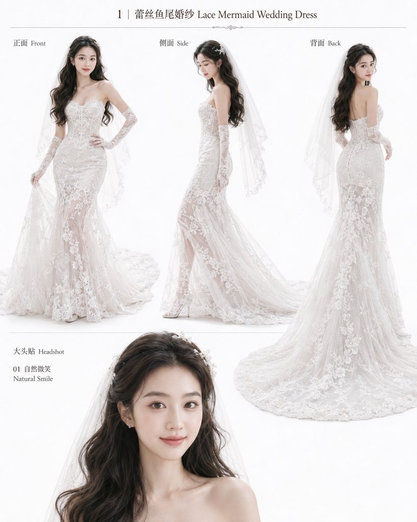 A four-panel bridal catalog page shows one dress in front, side, back, and headshot views against a plain white studio backdrop. Lace, tulle, and embroidery…