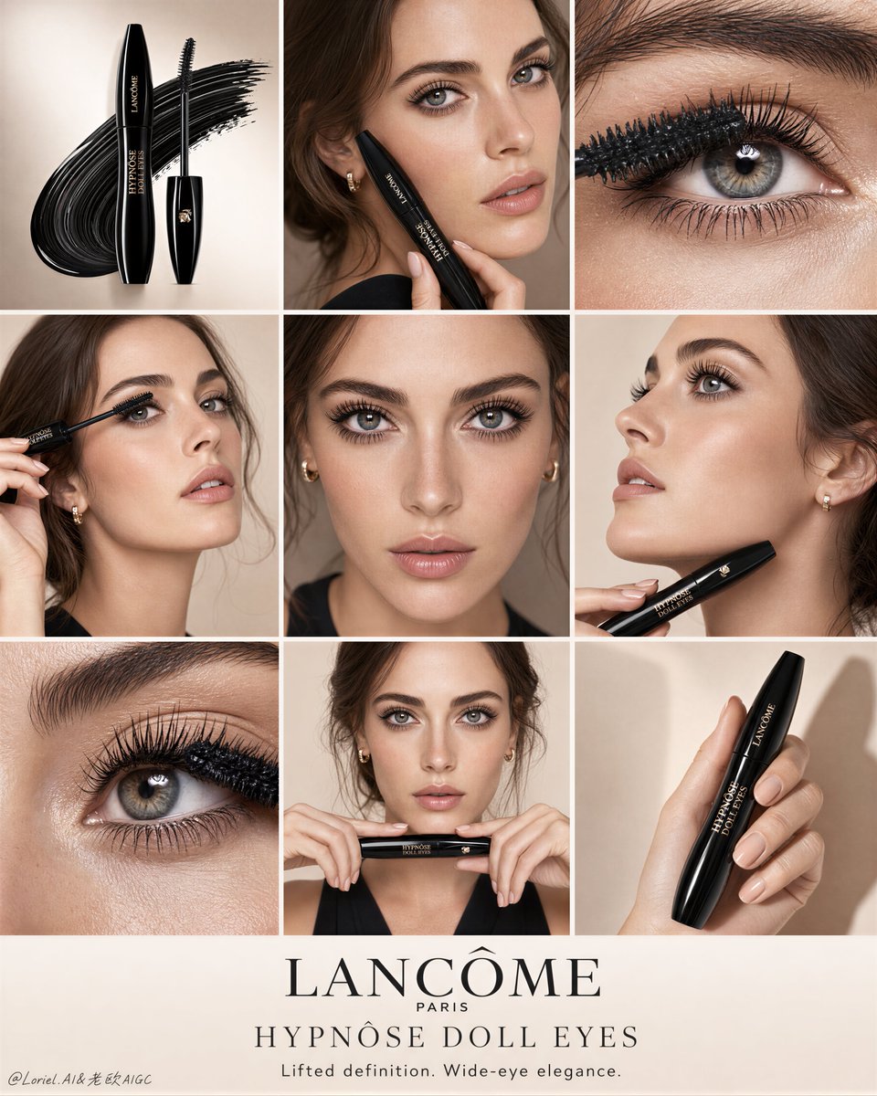 A nine-panel luxury mascara board where one model moves through macro wand-on-lash close-ups and soft portraits, with the center portrait built around fully…