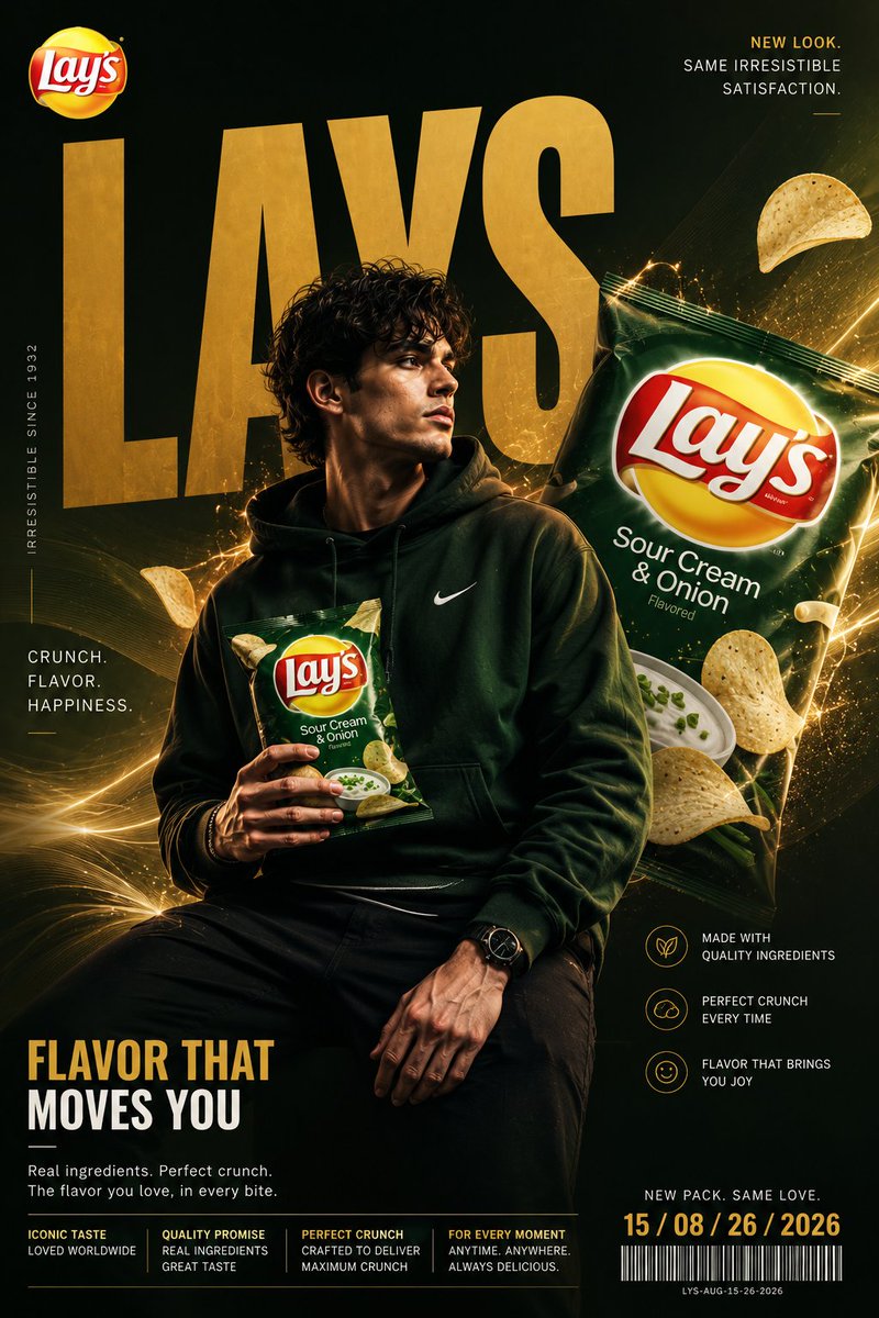 A vertical ad poster of a model holding a Lay's Sour Cream and Onion packet, set against oversized golden lettering, floating chips, and dip. The result reads…