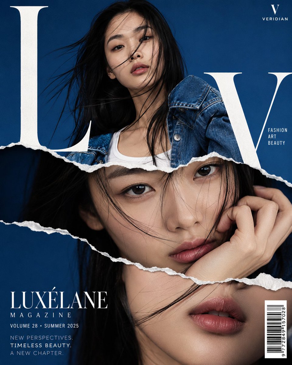 A fashion cover built from torn paper strips, with a woman's face and lips repeated across stacked fragments against a flat deep blue field. A large white…
