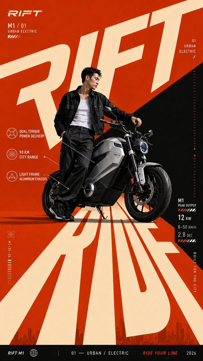 A vertical brand key visual where an oversized word spans most of the frame, with letters crossing in front of and behind a posed subject. The result reads…