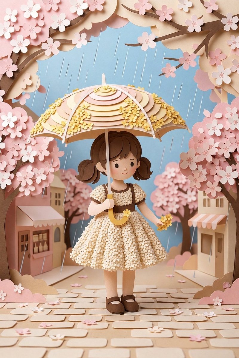 A photo is rebuilt as stacked sheets of colored paper, with soft rounded edges and gentle shadows between layers. The pastel, warm palette gives it the look of…