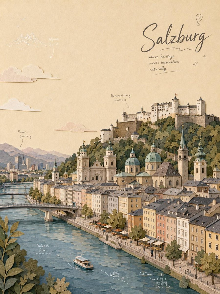 A dreamy European lakeside town rendered in layered paper-cut pastels, with snow-capped peaks, a river lined with cafés and churches, and handwritten travel…