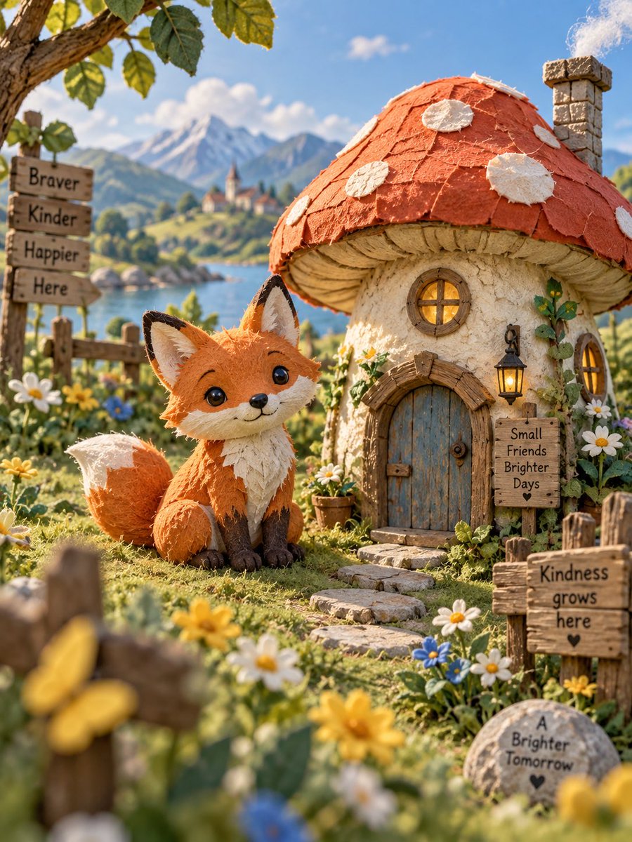 A bright, handmade miniature built from cut paper, felt and papier-mache, lit like a frame from a stop-motion film. Tangerine, yellow and sky blue sit against…