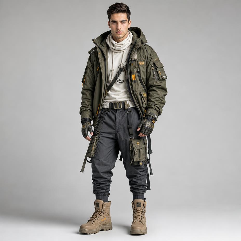 A full-length studio shot of a young man dressed in layered techwear, with nylon, canvas and leather textures rendered crisply against a soft grey backdrop.…
