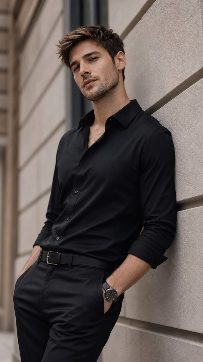 A full-length style portrait of a subject resting against a plain wall, framed tall in a vertical crop. Clean lines, a sharp jaw and a poised stance give it…