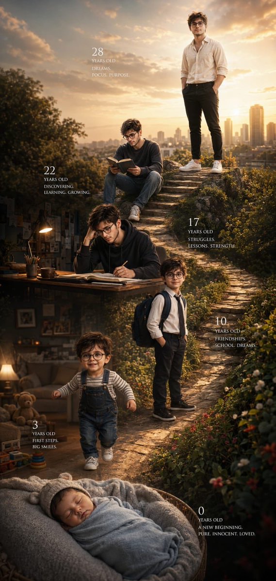 A vertical cinematic poster that follows one man from newborn to 28 along a winding stone path, each stage labeled with a short phrase. Golden-hour light ties…