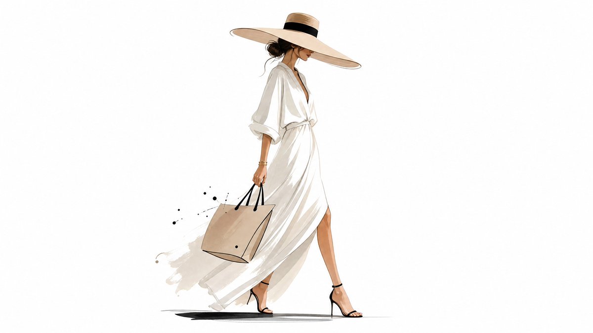 A single fashion figure drawn with thin, deliberate strokes on an empty white field, with proportions stretched just enough to feel poised. The restraint is…
