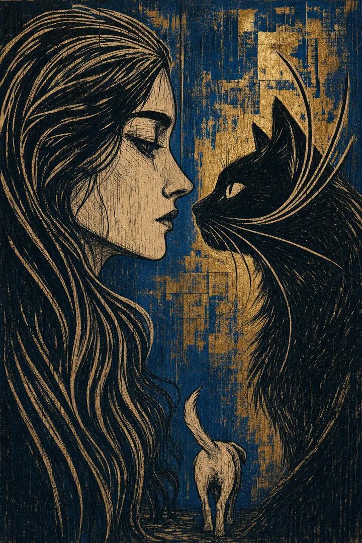 Linocut Woman and Black Cat Print in Expressionist Style — AI result, variation 2 of 4