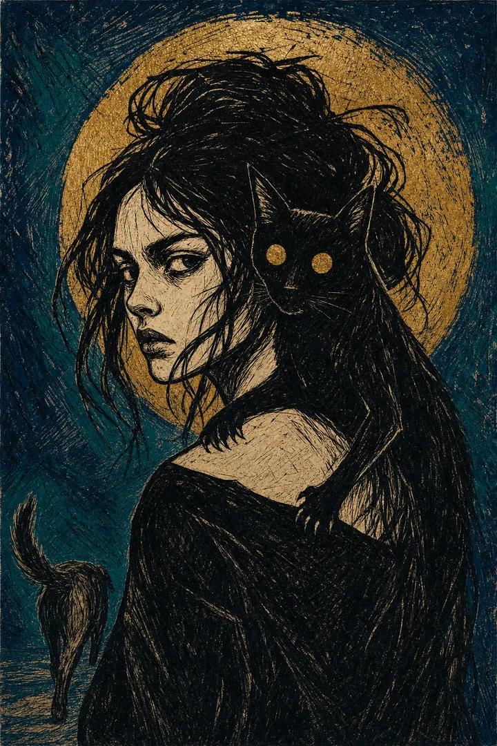 Linocut Woman and Black Cat Print in Expressionist Style — AI result, variation 3 of 4
