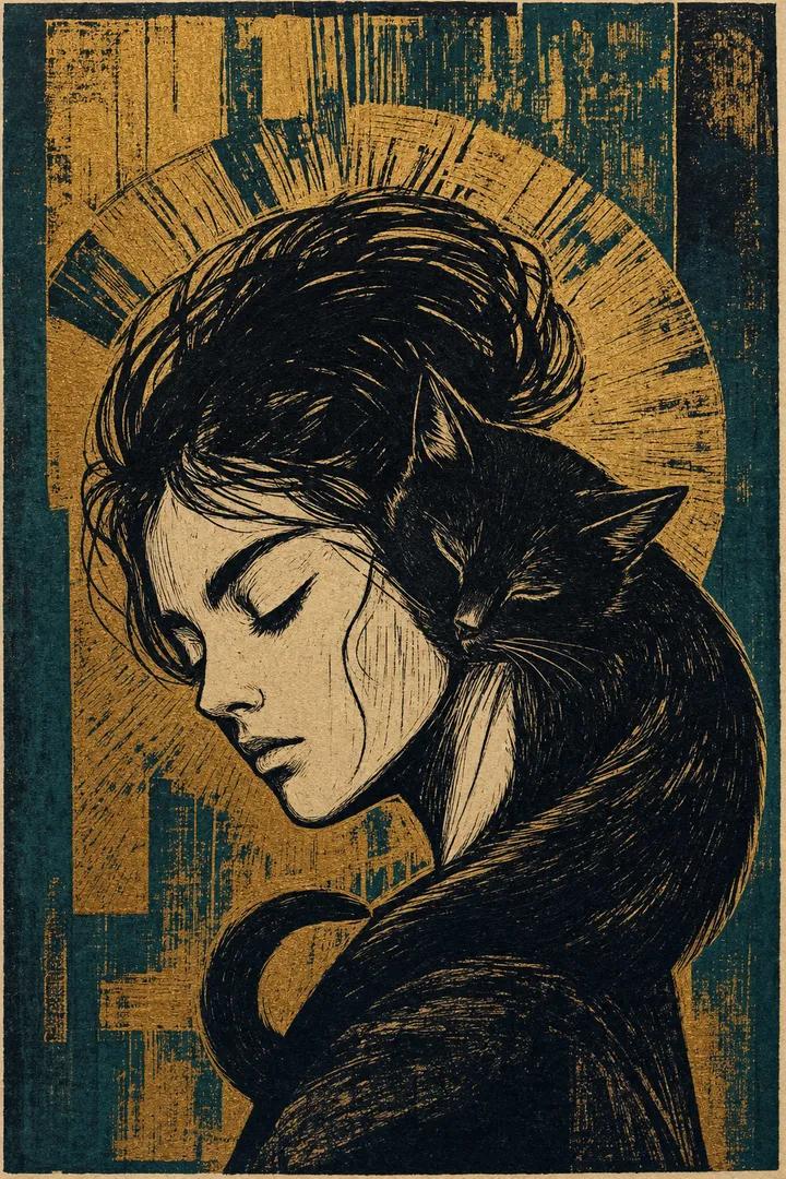 Linocut Woman and Black Cat Print in Expressionist Style — AI result, variation 4 of 4