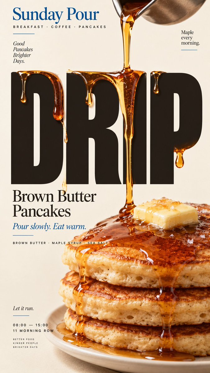 A vertical editorial poster where a real syrup, sauce or spread physically meets a bold headline on a warm cream background. The food itself does the work, so…
