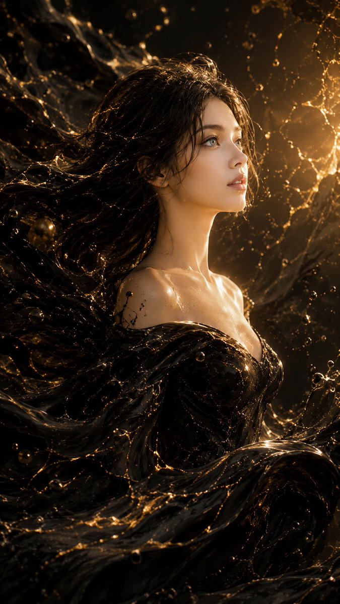 A right-facing woman rises out of a black liquid sea threaded with molten gold veins, her gown and hair dissolving into glossy waves. The gold light sculpts…