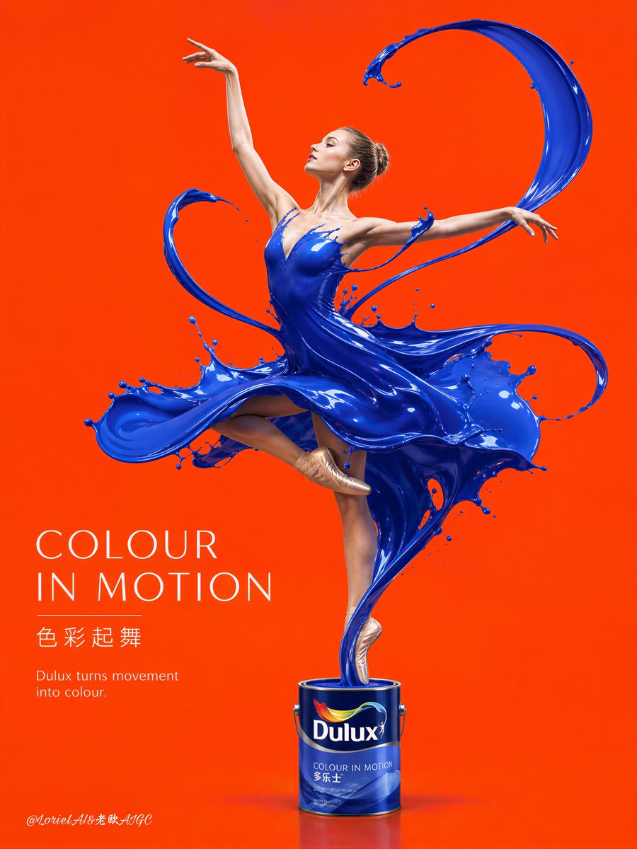 A dancer in a crimson gown made of glossy liquid paint, rising straight out of a Dulux can against a flat teal background. The paint reads as couture fabric…