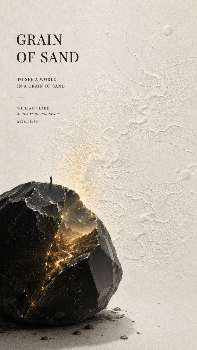 A vertical poster turns a famous literary line into a heavy dark sculpture set against warm ivory paper. A tiny figure and faint embossing reward a closer look.