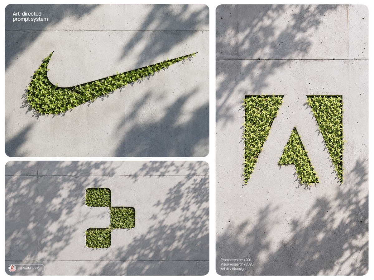 A brand symbol cut as a shallow recess into raw concrete and packed with dense, individually resolved leaves in acid chartreuse. The identity reads clearly…
