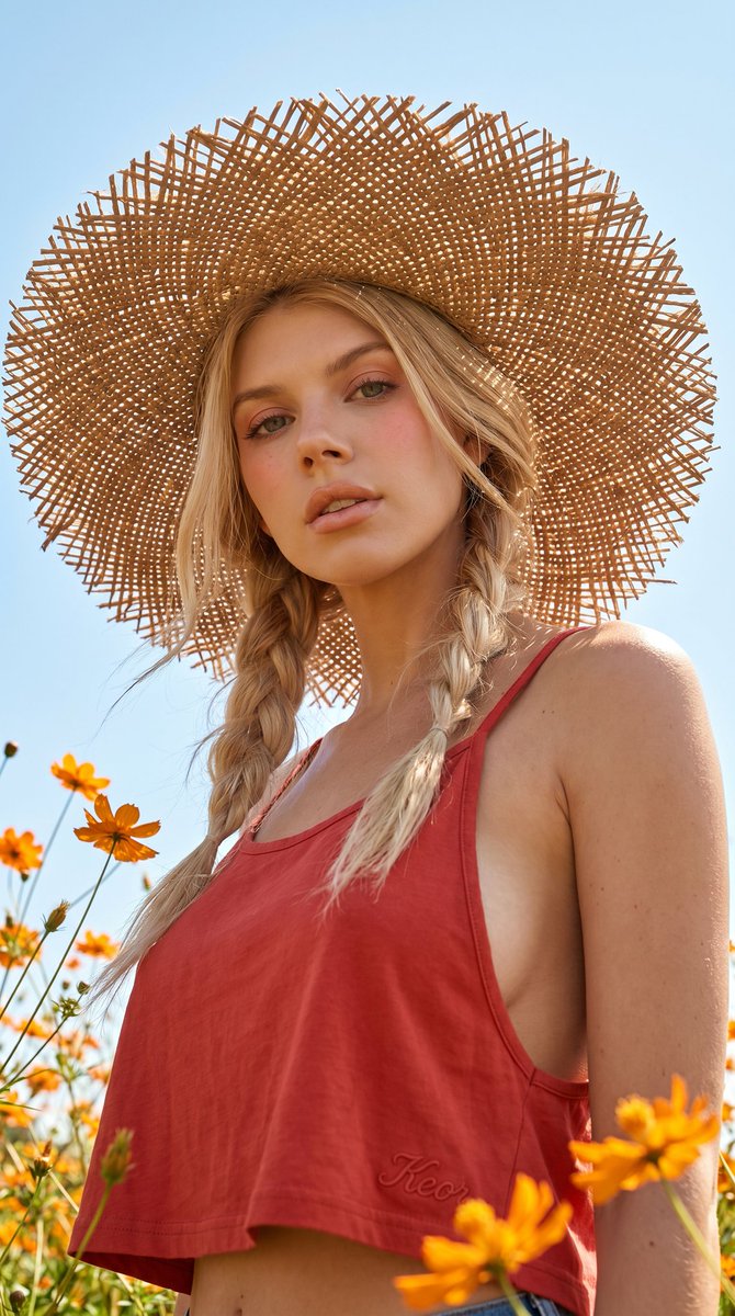 Low-Angle Wildflower Field Portrait With Straw Hat — AI result, variation 2 of 4