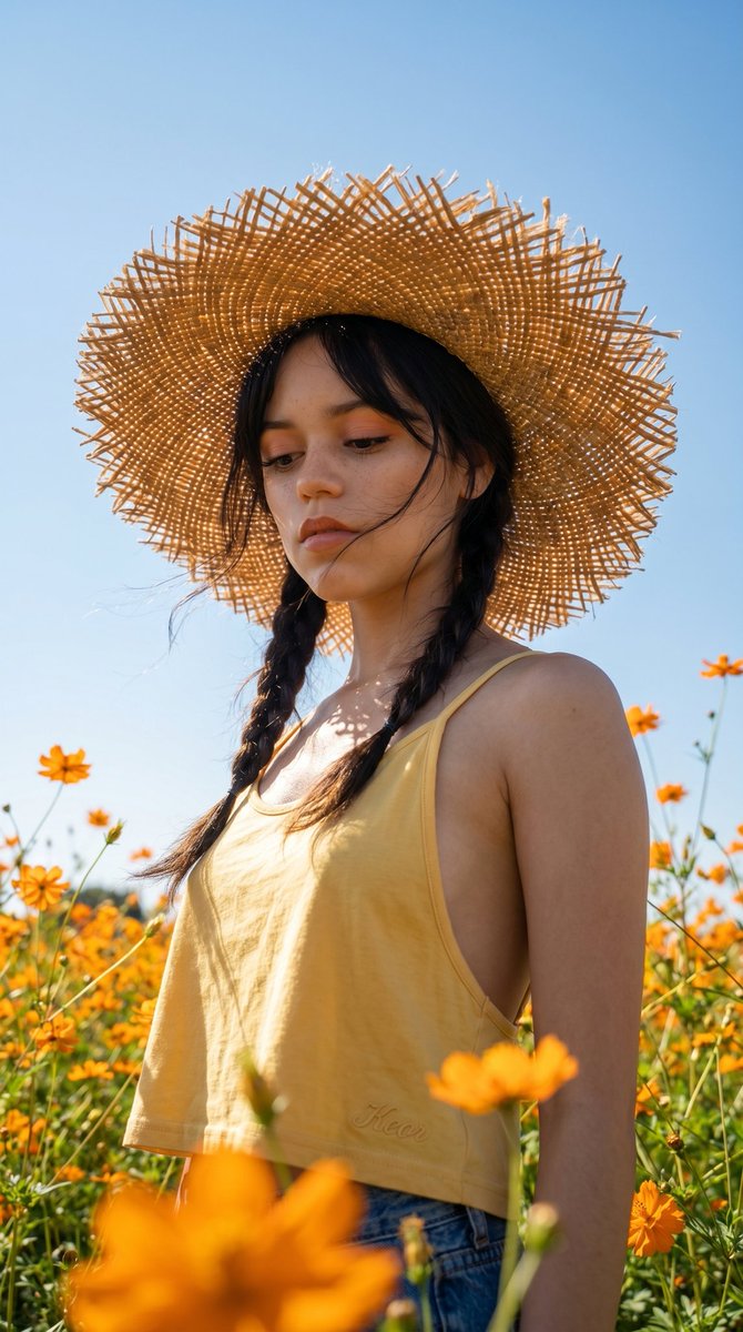 Low-Angle Wildflower Field Portrait With Straw Hat — AI result, variation 3 of 4