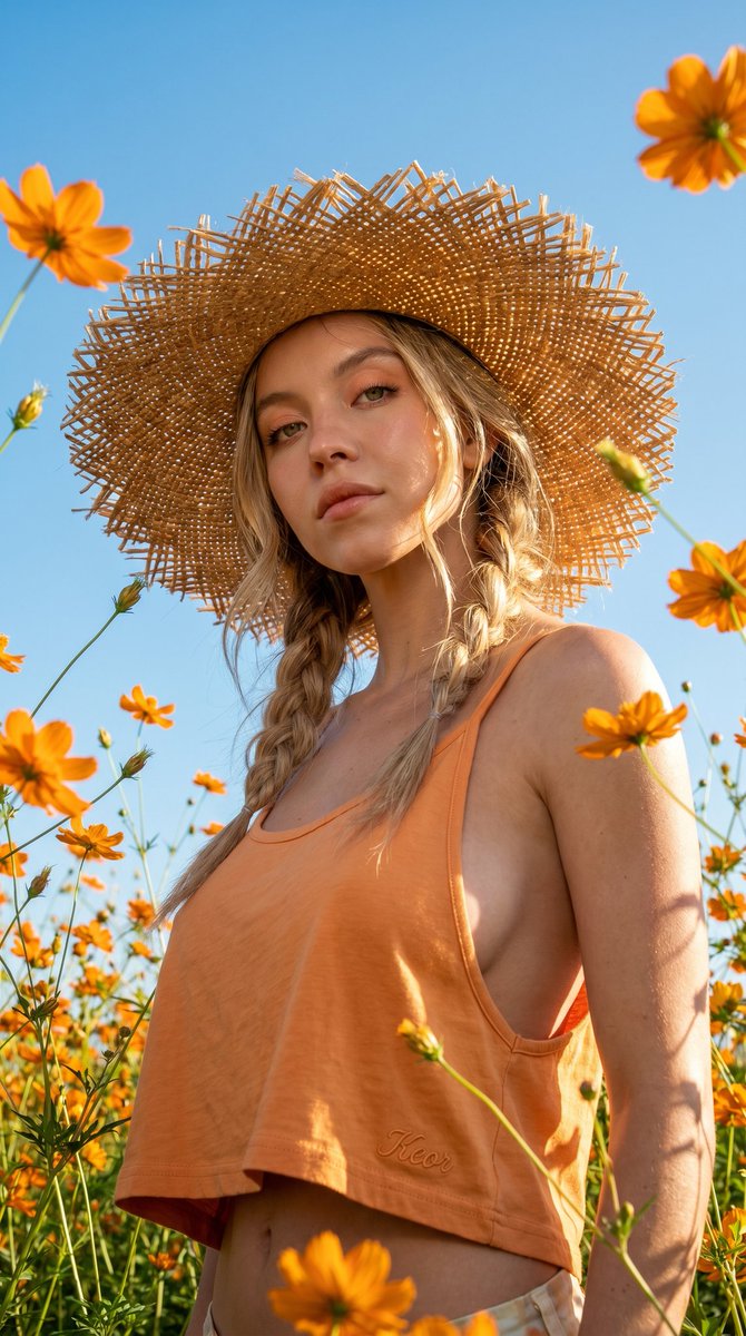 A young woman in a woven straw hat stands among tall orange cosmos, photographed from ground level so the flowers frame her face against a clear blue sky.…
