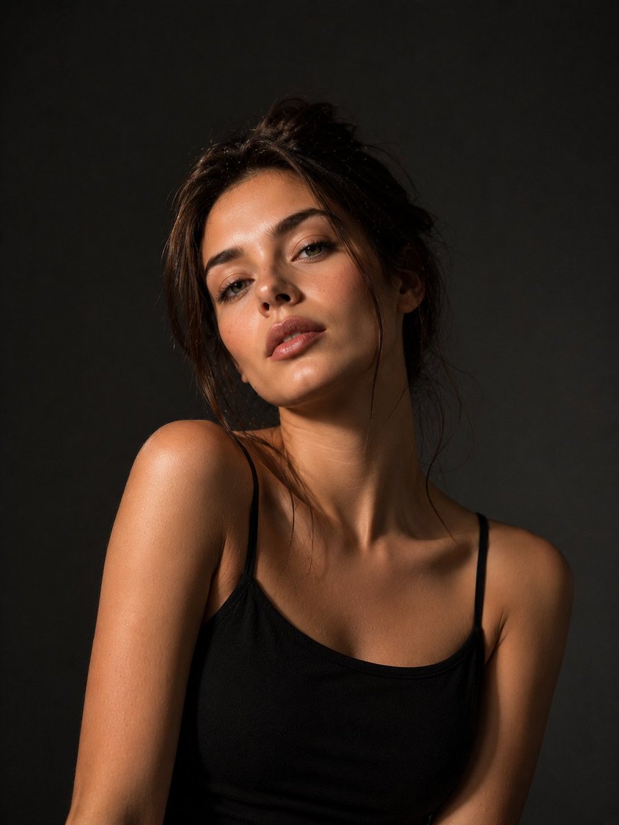 A close, quiet studio portrait with soft highlights falling across the face and collarbones and deep shadows around the edges. The charcoal backdrop and single…