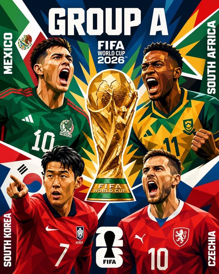 A geometric sports poster built around a golden trophy at the center, with four players in team colors framing it. Sharp rays in blue, red, green and yellow…