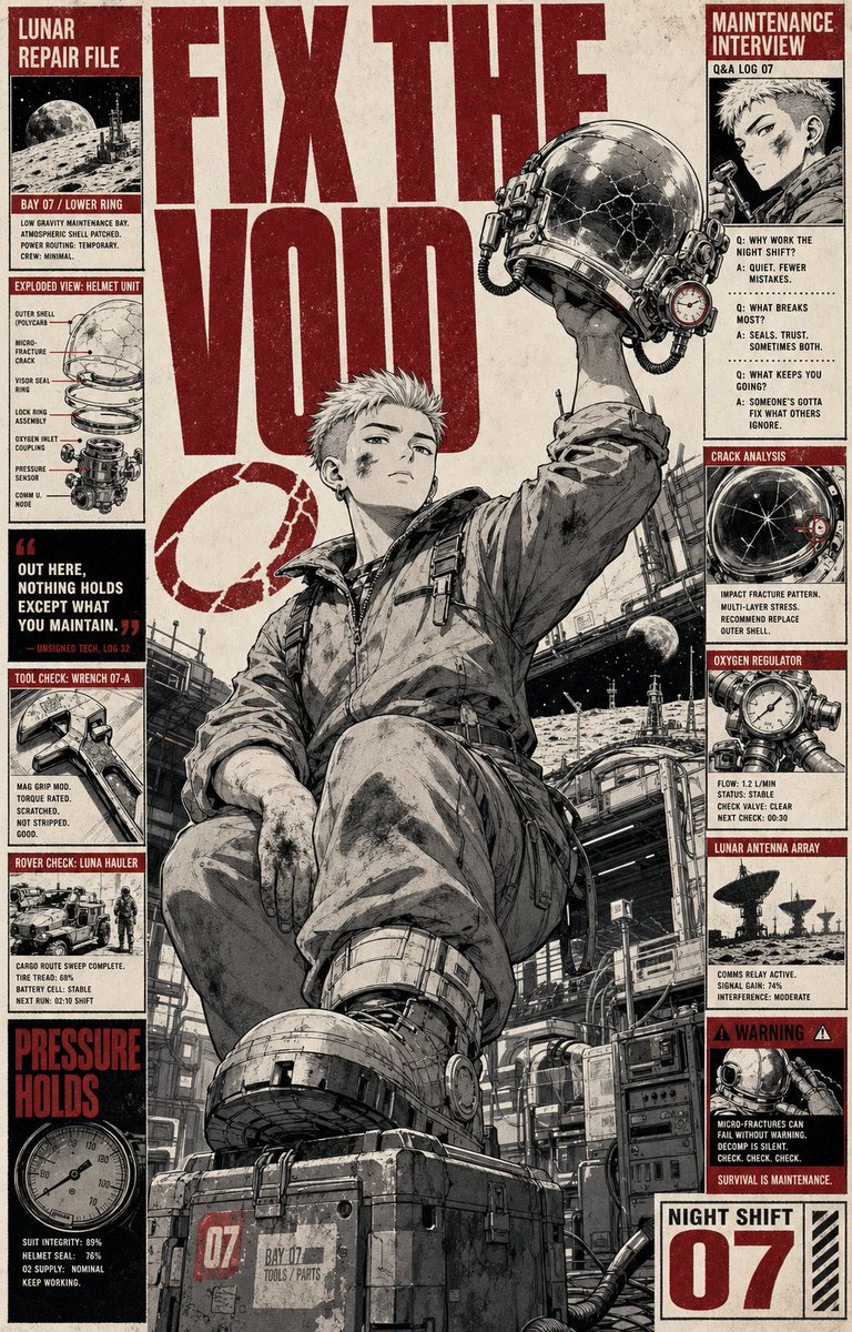 Lunar Repair Worker Comic Poster in Crimson — AI result, variation 3 of 4