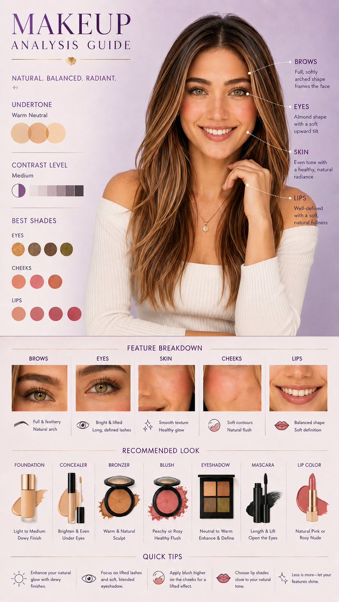 A magazine-style face chart built from a portrait, with undertone circles, shade swatches, dotted callouts and product picks laid out on a soft lavender and…
