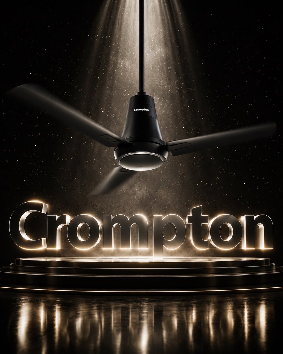 A premium ceiling fan drops out of darkness into a column of light, with floating particles and glossy reflections around it. Large metallic lettering behind…