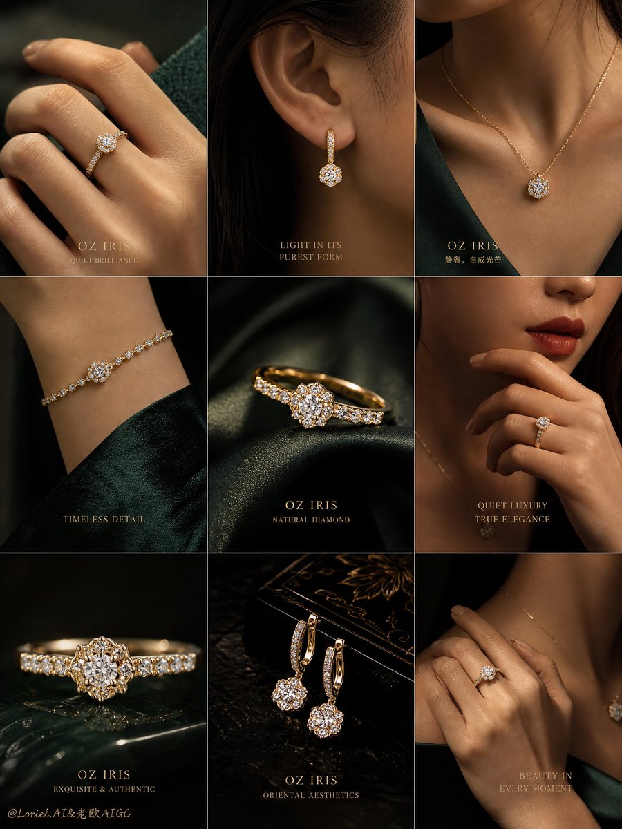 A nine-panel campaign board of diamond rings, earrings, pendants and bracelets set against deep jade-black and champagne-gold tones. Close-up hands, ears and…